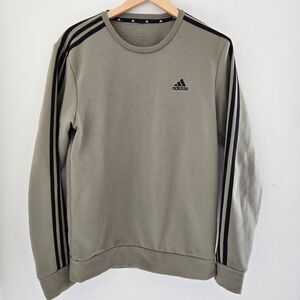 Adidas Womens sz Med Olive Green Crew Neck Pullover Sweatshirt 3-Stripe 3-Stripe